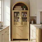 71" Tall Arched Kitchen Pantry with Drawer,Glass Door,Door Racks, Fluted Hutch Cabinet with Storage & Adjustable Shelves,Cupboard Buffet Cabinet for Living Room, Coffee Bar Corner(Natural) (Natural-1)