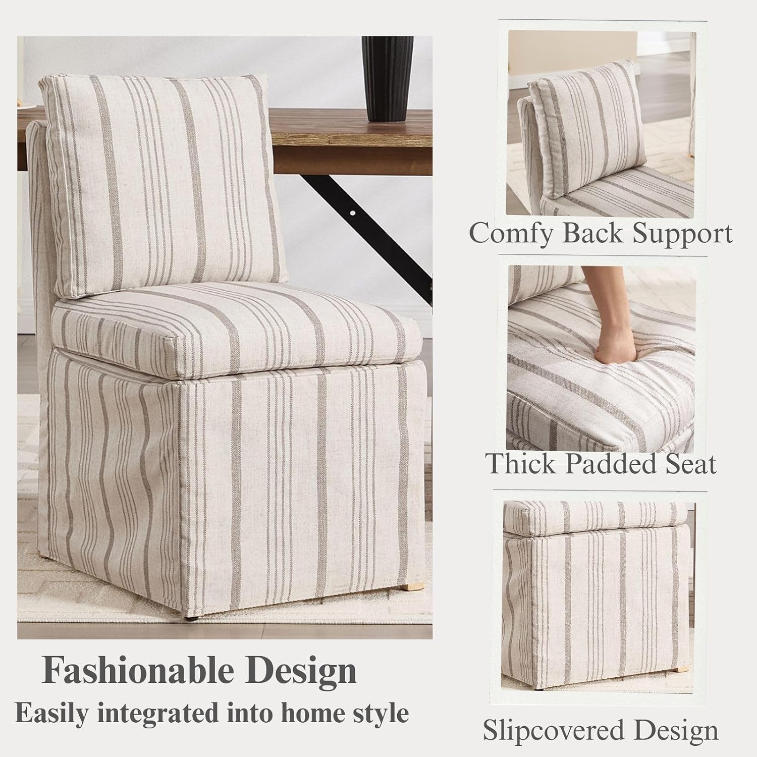 Upholstered Dining Chairs Set of 2 Slipcovered Armless Dining Chair with Solid Wood Legs, Soft Padded Upholstered Side Chair for Dining/Living/Readin Room, Banquet, Khaki Stripe