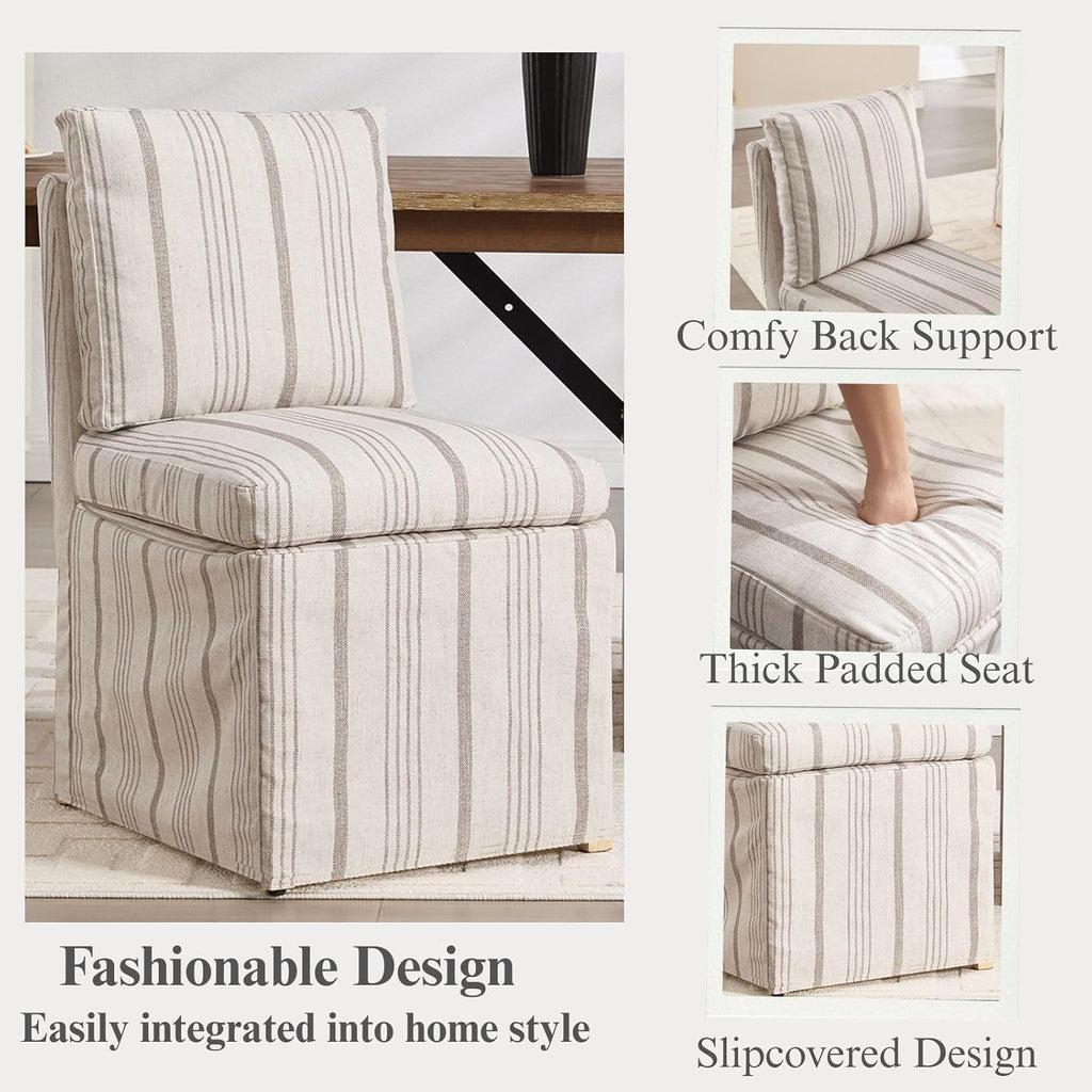 Upholstered Dining Chairs Set of 6 Slipcovered Armless Dining Chair with Solid Wood Legs, Soft Padded Upholstered Side Chair for Dining/Living/Readin Room, Banquet, Khaki Stripe