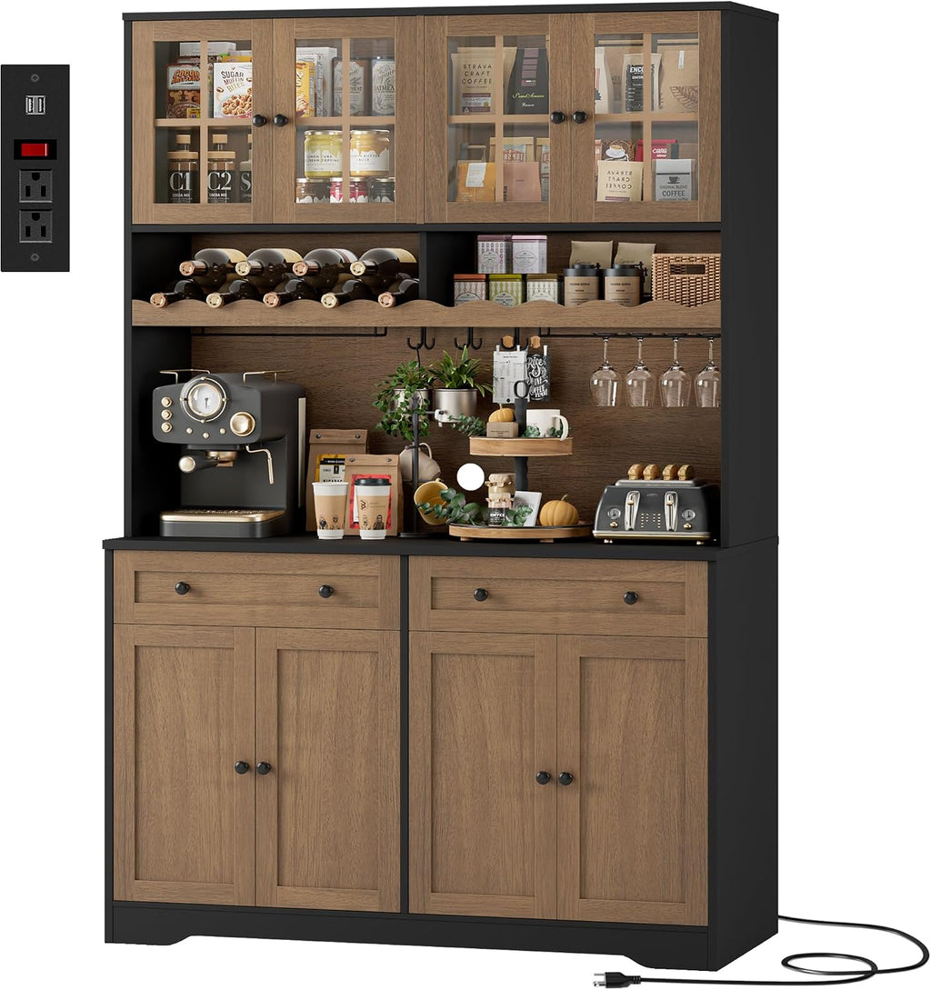 HOSTACK 75" Kitchen Pantry Storage Cabinet, Coffee Bar Hutch Cabinet, Brown | Tall Pantry Cabinet with Charging Station / Wide Countertop / Glass Doors / Wine Rack / Cup Holder / Drawers, Dining Room