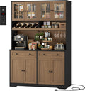HOSTACK 75" Kitchen Pantry Storage Cabinet, Coffee Bar Hutch Cabinet, Brown | Tall Pantry Cabinet with Charging Station / Wide Countertop / Glass Doors / Wine Rack / Cup Holder / Drawers, Dining Room