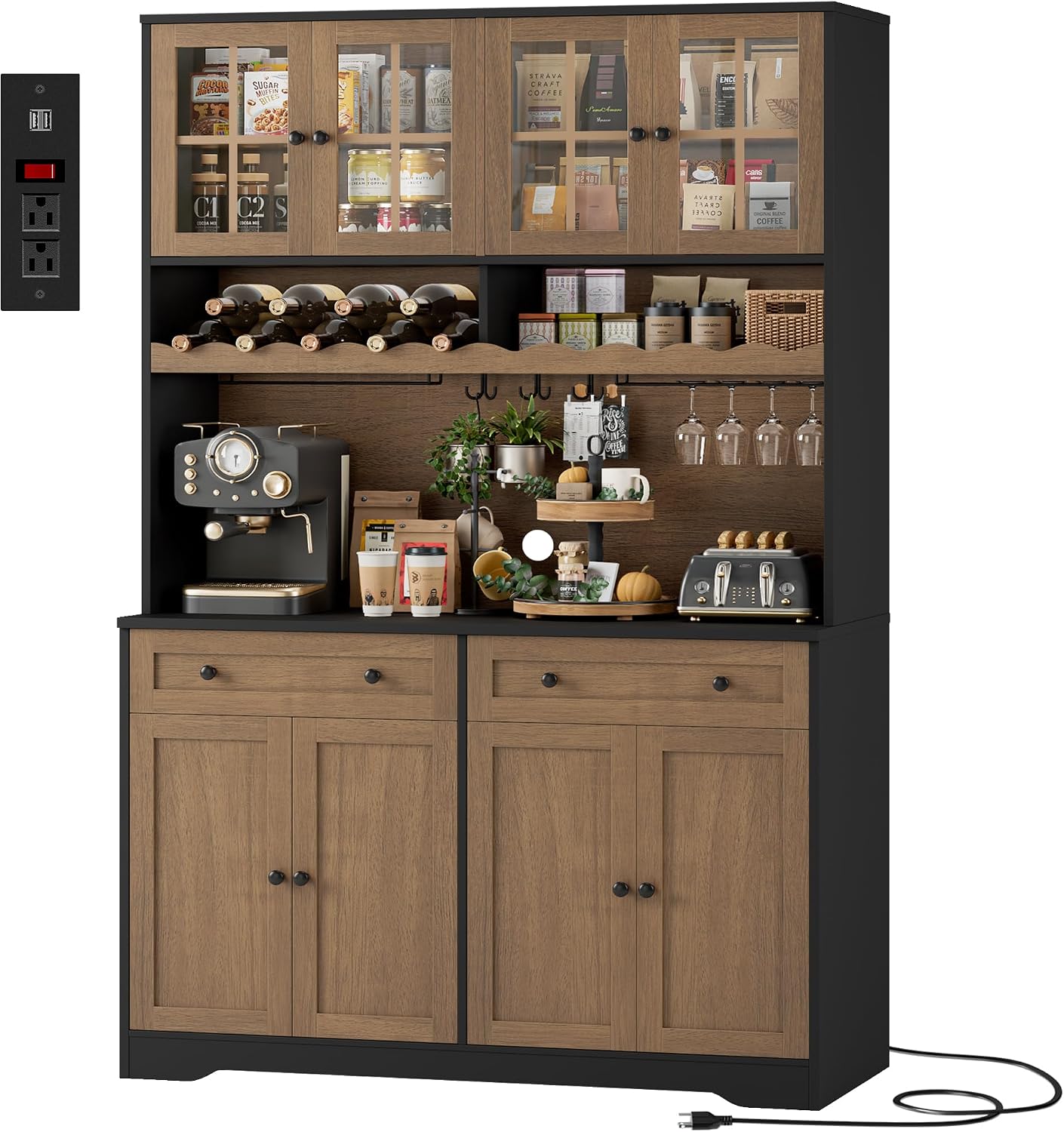 HOSTACK 75" Kitchen Pantry Storage Cabinet, Coffee Bar Hutch Cabinet, Brown | Tall Pantry Cabinet with Charging Station / Wide Countertop / Glass Doors / Wine Rack / Cup Holder / Drawers, Dining Room