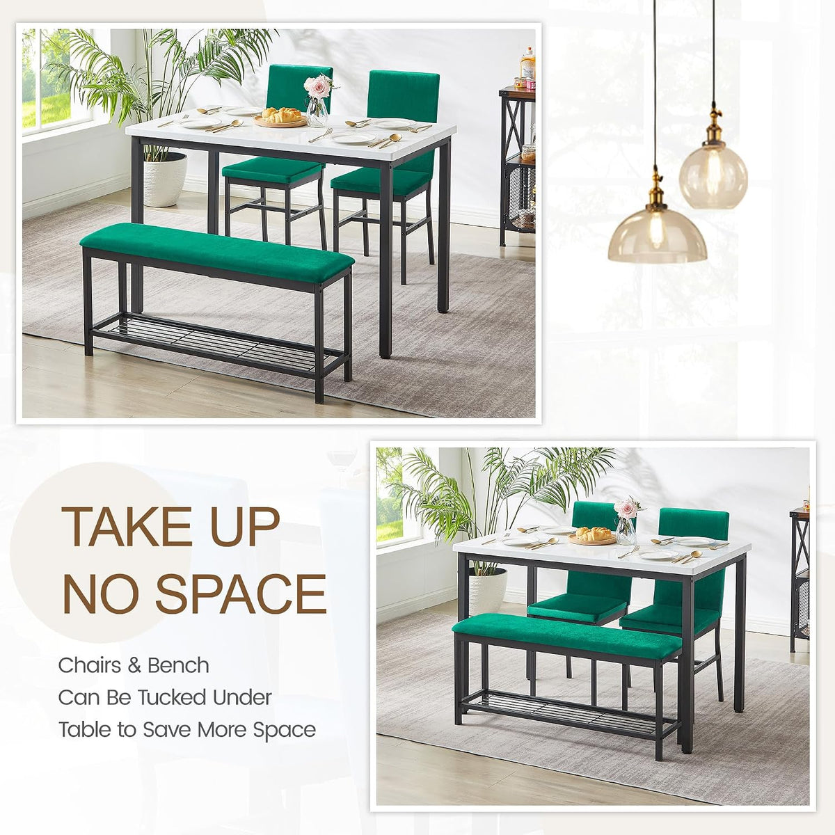 Dining Table Set for 4, 47.2" Faux Marble Kitchen Table Set with Upholstered Velvet Chairs and Bench, 4-Person Rectangular Space Saving Dinette Set for Apartment, Restaurant, Home (Green)