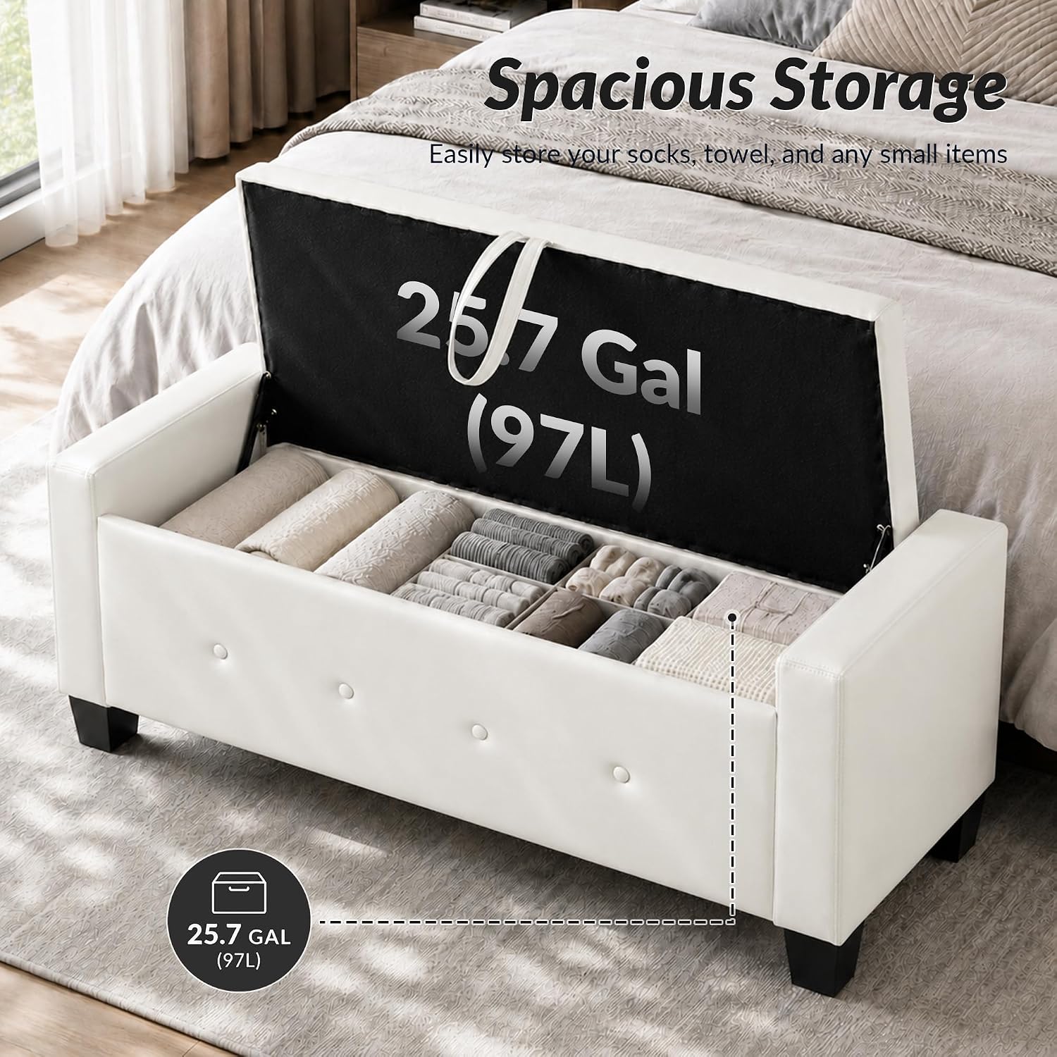 extrasleep 48" White Storage Ottoman Bench, Faux Leather Upholstered Tufted Ottoman, PU Bench for Bedroom Living Room Entryway Hallway, Large Leather End of Bed Benches, Lvory White