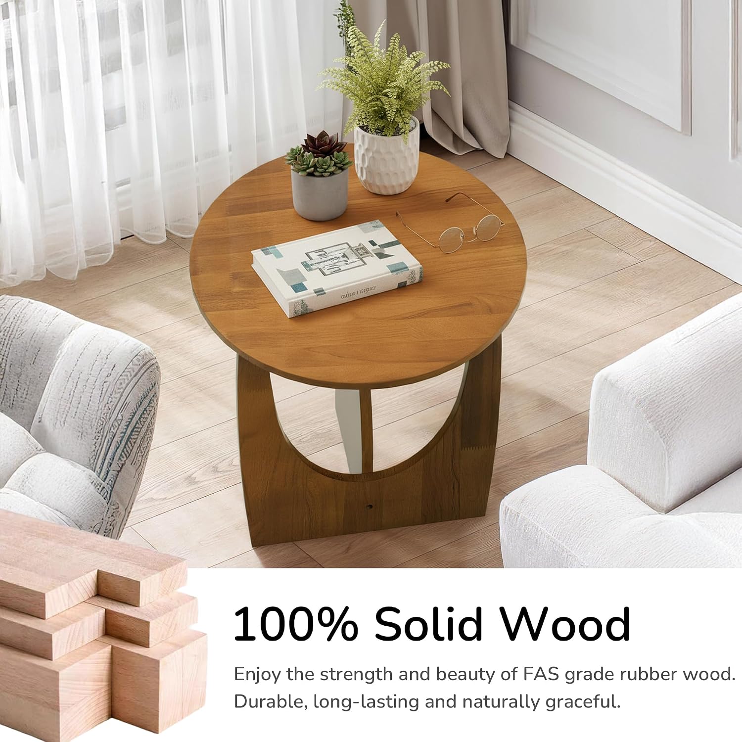 Round End Side Table - 19.7" Unique Tall Round Side Tables Living Room, Mid Century Modern Small Coffee End Table, Solid Wood Accent Tables for Living Room, Bedroom Office, Walnut