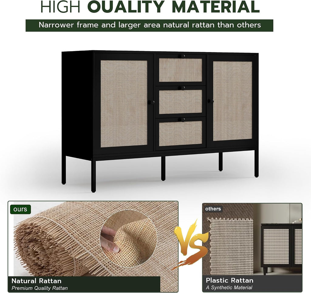 Rattan Sideboard Buffet Cabinet with 2 Doors & 3 Drawers, Mid Century Modern Credenza with Adjustable Shelves, Boho Storage Cabinet for Living Room, Hallway & Kitchen (Black, 47 inch)