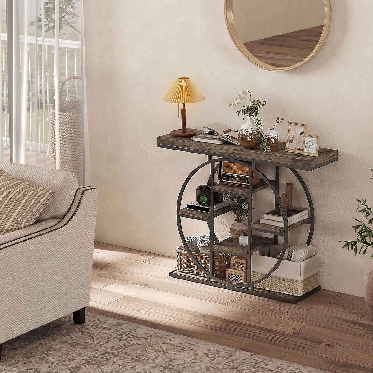 HOMCOM Entryway Table, 39.4" Console Sofa Table with Storage Shelves and Circle Steel Frame, Narrow Wood Accent Tables for Entrance, Hallway, Foyer, Living Room, Rustic Oak