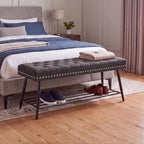 Mistpople Thick Cushioned Shoe Bench, Entryway Bench with Metal Shoe Rack, Upholstered Tufted Ottoman Bench for Bedroom, End of Bed Bench, Farmhouse Style Storage Bench for Hallway, Living Room
