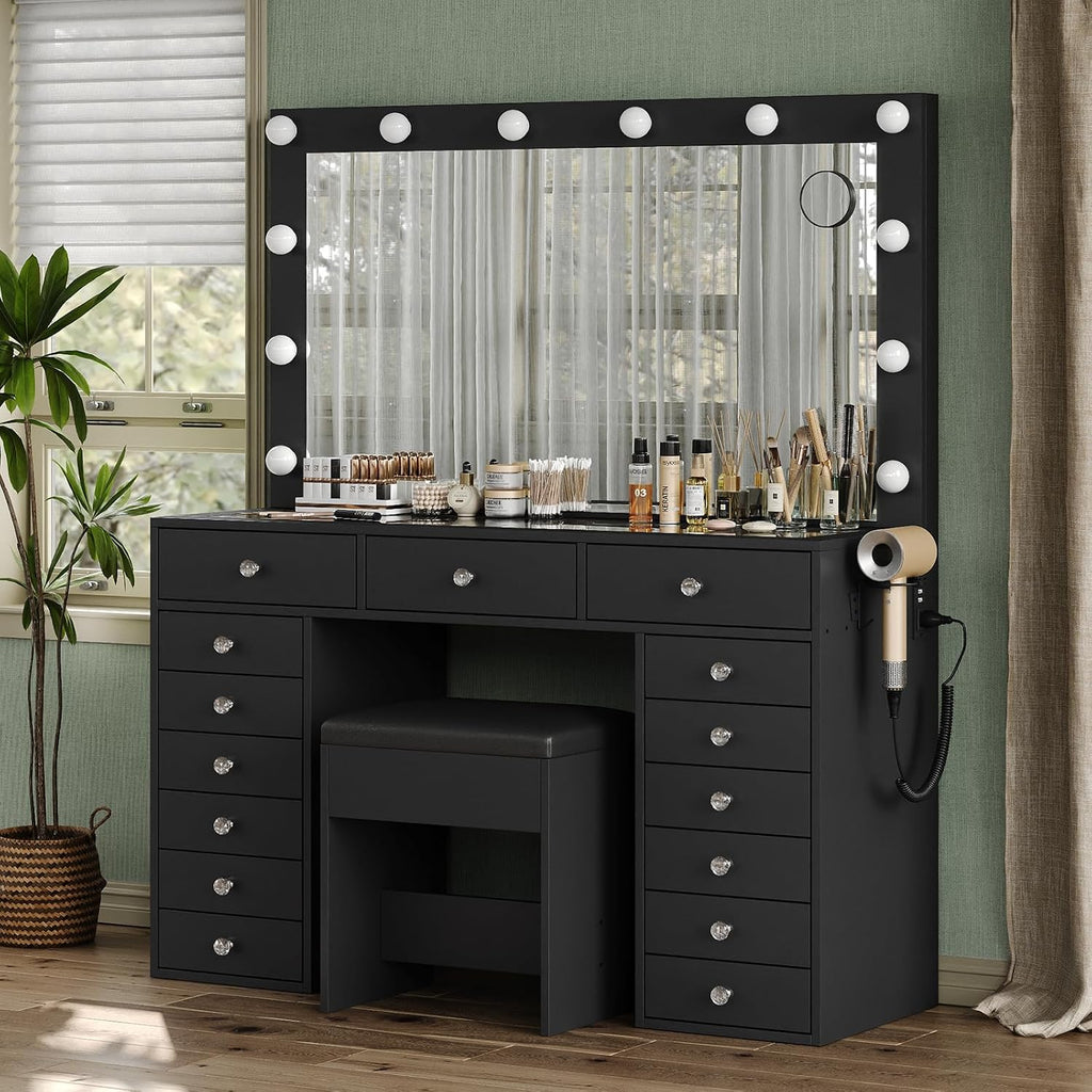 FUSOU 15 Drawers Vanity Desk with Mirror and Lights, Black | 47'' Makeup Vanity with Charging Station, 3 Color Modes Adjustable Brightness, Glass Top Vanity with Stool for Bedroom