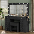 FUSOU 15 Drawers Vanity Desk with Mirror and Lights, Black | 47'' Makeup Vanity with Charging Station, 3 Color Modes Adjustable Brightness, Glass Top Vanity with Stool for Bedroom