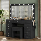 FUSOU 15 Drawers Vanity Desk with Mirror and Lights, Black | 47'' Makeup Vanity with Charging Station, 3 Color Modes Adjustable Brightness, Glass Top Vanity with Stool for Bedroom