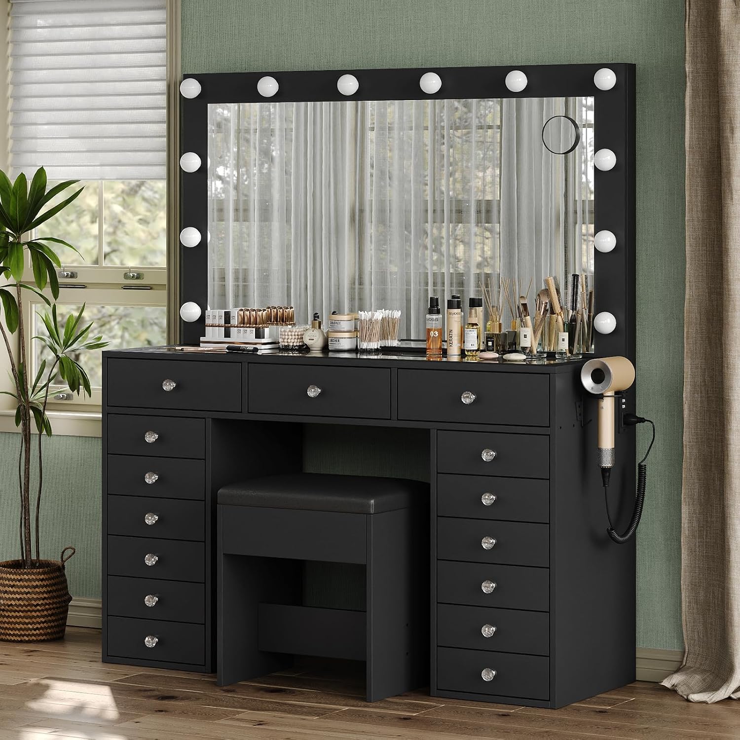 FUSOU 15 Drawers Vanity Desk with Mirror and Lights, Black | 47'' Makeup Vanity with Charging Station, 3 Color Modes Adjustable Brightness, Glass Top Vanity with Stool for Bedroom