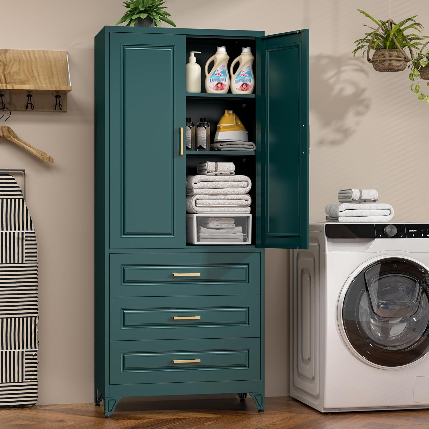 75" Tall Kitchen Pantry Cabinet, Storage Cabinet with 3 Drawers | Metal Kitchen Cabinet with Doors & 2 Adjustable Shelves, Tall Food Pantry, Cupboard for Kitchen, Dining Room, Garage, Office