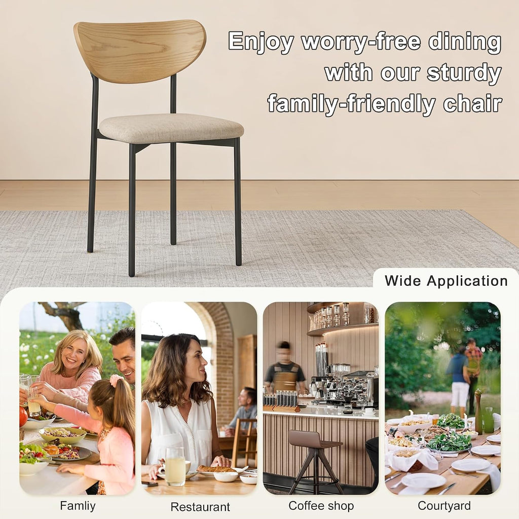 Beige Dining Chairs Set of 2, Upholstered Modern Kitchen Chairs Dining Room Chairs with Wood Curved Backrest & Metal Legs