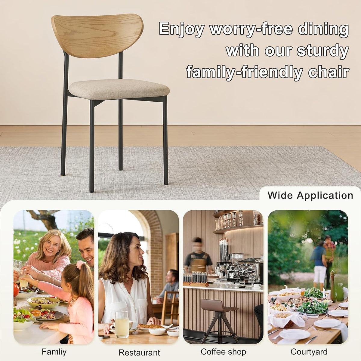 Beige Dining Chairs Set of 2, Upholstered Modern Kitchen Chairs Dining Room Chairs with Wood Curved Backrest & Metal Legs