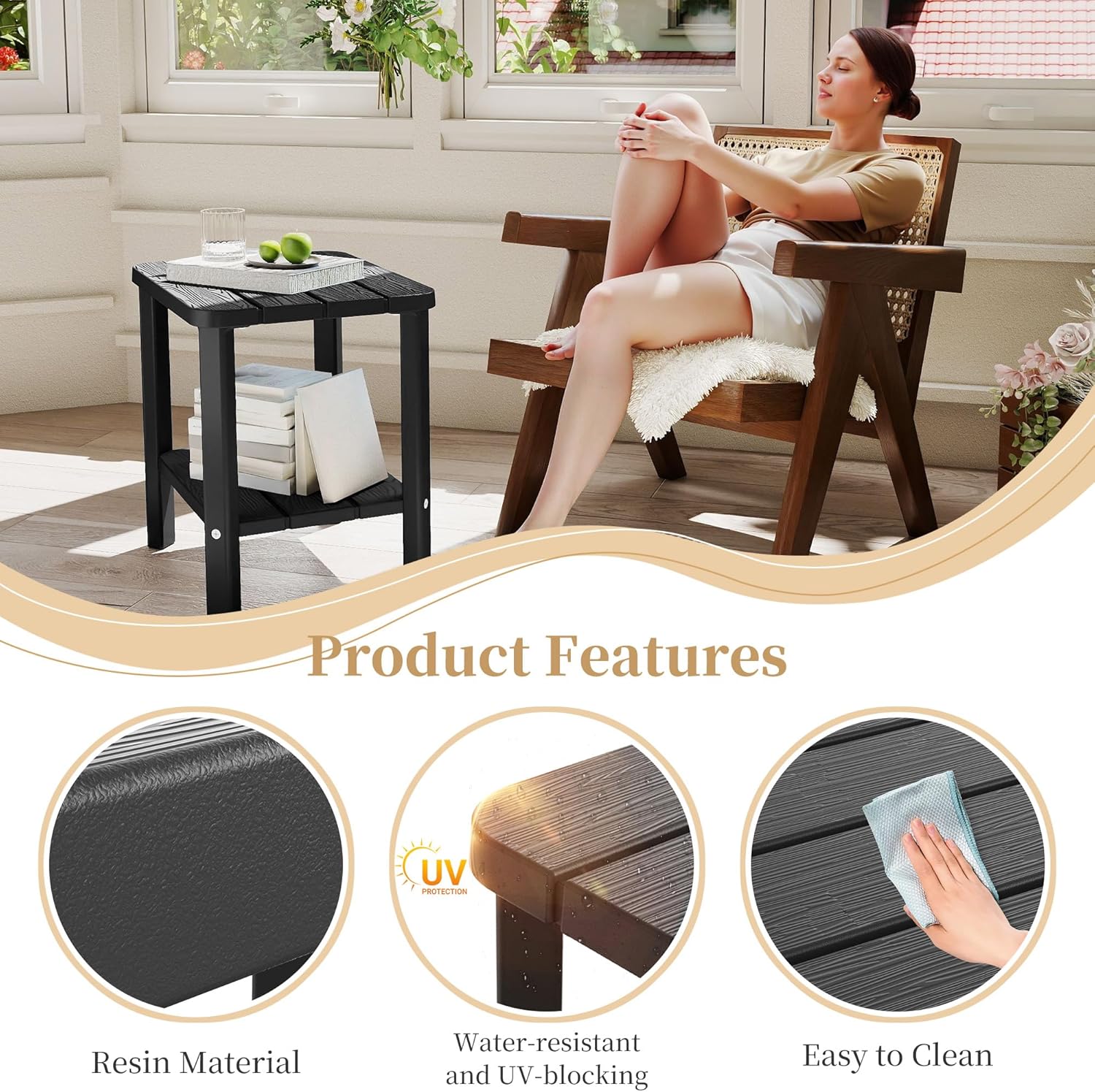 PatioZen Coffee Table Small Outdoor Side Table Weather-Resistant & Easy Assemblyr Patio Furniture,Resin Porch Table for Porch, Balcony, Indoor & Outdoor Use(Black)