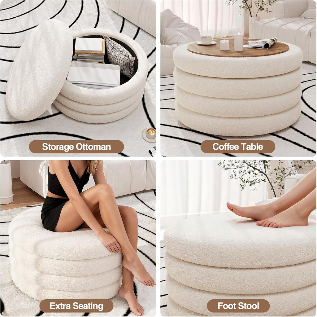 FiveWillowise 30 Inch Round Ottoman with Storage,Large Sherpa Coffee Table | Modern Ottomans with Removable Lid Tray,Multi-Functional,Cozy Foot Rest for Couch,Living Room,Bedroom,Makeup Room,Cream White