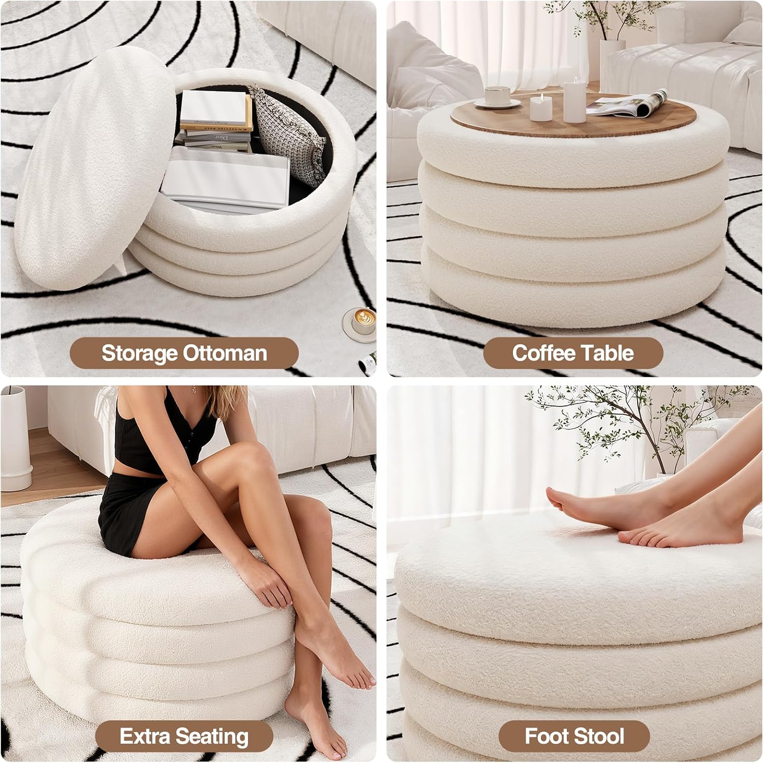 FiveWillowise 30 Inch Round Ottoman with Storage,Large Sherpa Coffee Table | Modern Ottomans with Removable Lid Tray,Multi-Functional,Cozy Foot Rest for Couch,Living Room,Bedroom,Makeup Room,Cream White