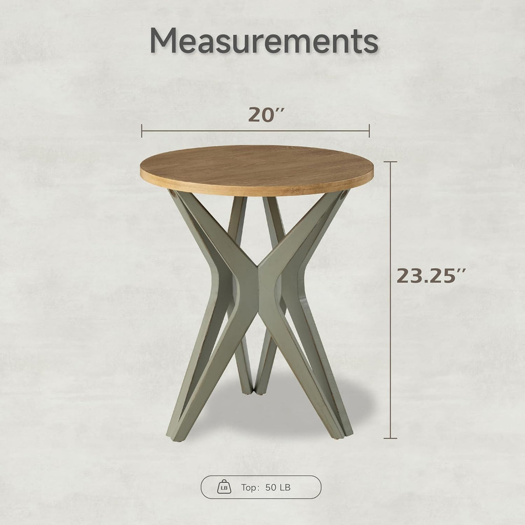 Pedestal Farmhouse End Table, Distressed Top with Tripod Base Bedside Table for Living Room, Modern, Boho, Round, Sage Green