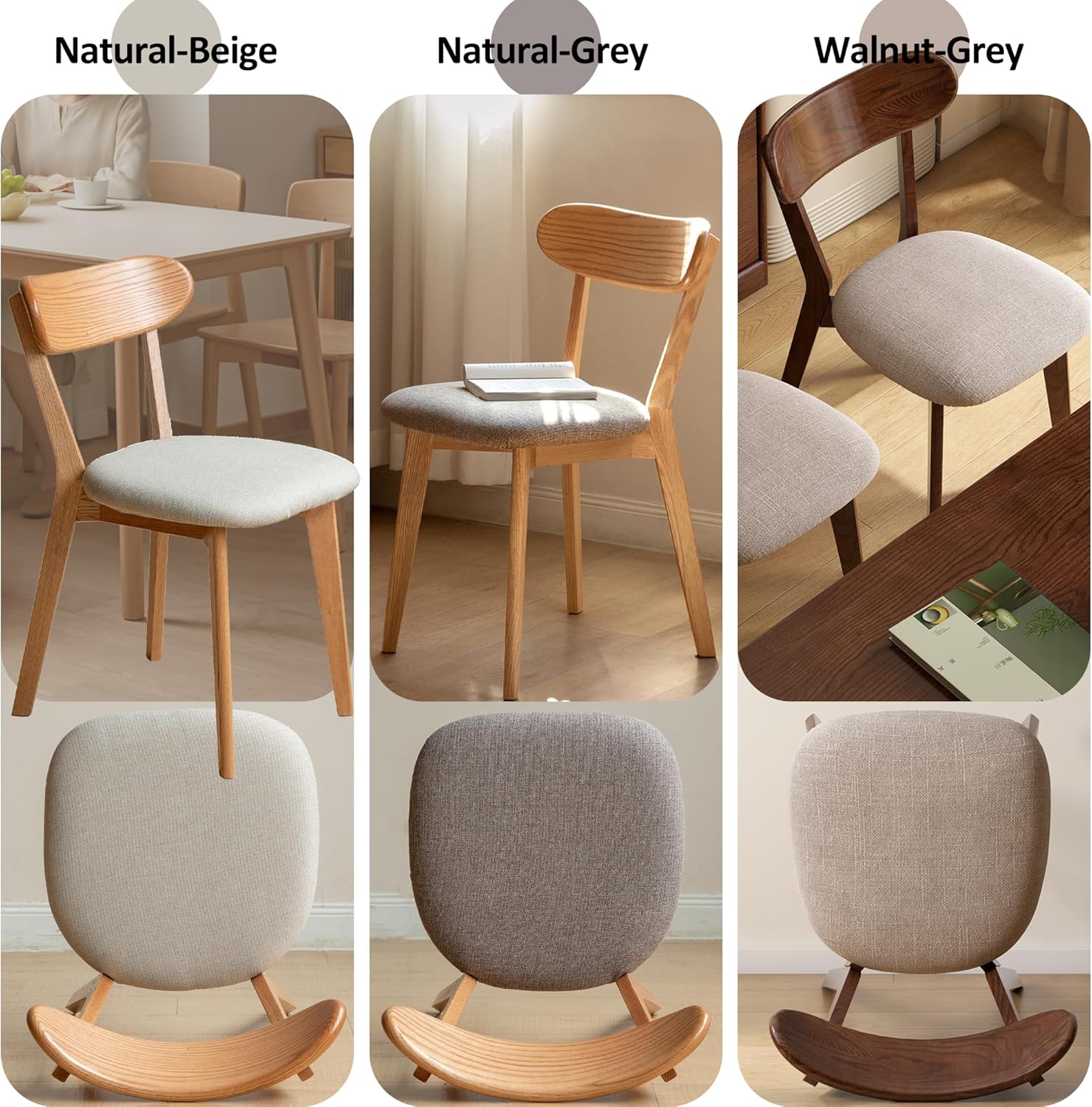 Modern Solid Wood Dining Chair Set of 6, Kitchen Dining Room Chair with Upholstered Cushion and Seat Cover, Curved Backrest, 100% FAS Grade North America Oak Wood, Walnut
