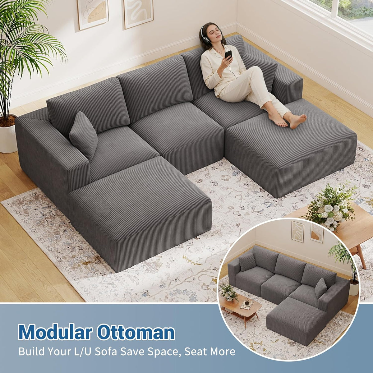 40" Oversized Square Corduroy Ottoman, Large Ottoman Pouf Footstool, Grey | Poofy Soft Foot Rest, Movable Pouf Ottoman, Floor Ottoman, Foam Chunk Filling, Living Room Sofa Couch Bedroom, 1 Piece