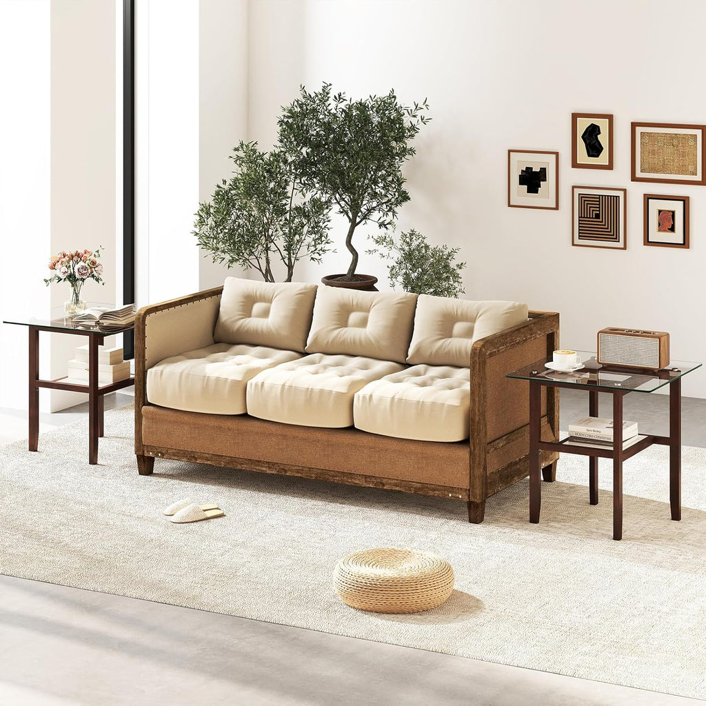 Tangkula 24" Square Glass Side Table, 2-Tier End Table with Storage Shelf & Rubber Wood Frame, Modern Accent Sofa Table for Living Room, Home, Office, Brown (1, Brown)
