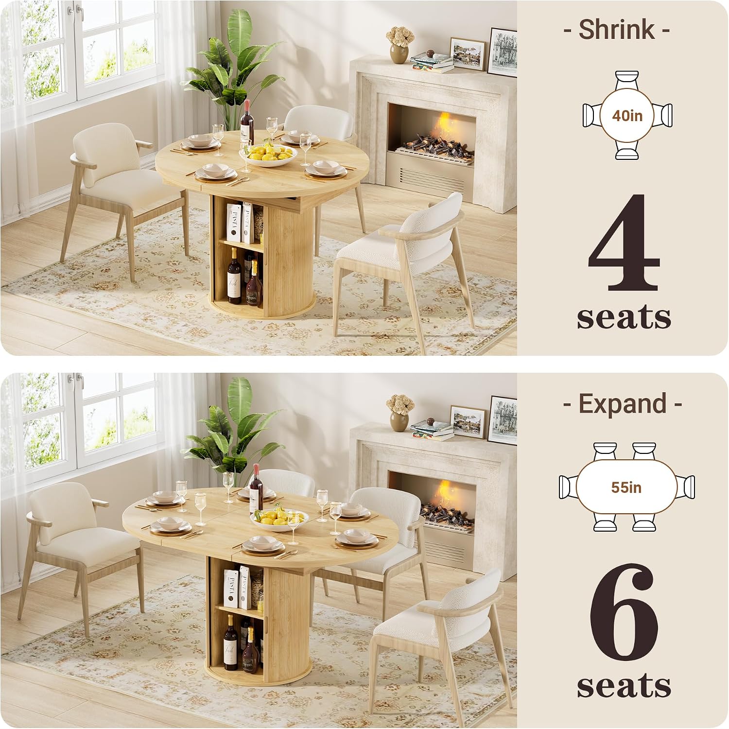 40-55in Extendable Round Table for 4-6, Multi-Use Oval Dining Table with Hidden Storage, Expandable Kitchen Table with Fluted Sliding Door Cabinet for Dining Room,Apartment or Meeting Room
