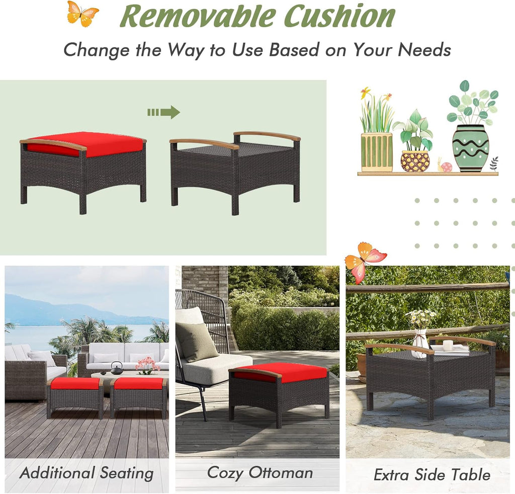 HAPPYGRILL Set of 2 Outdoor Patio Ottoman PE Rattan Wicker Ottomans with Removable Cushions and Solid Acacia Wood Handle Outdoor Footstool Footrest Set Seats and Side Table Set