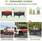 HAPPYGRILL Set of 2 Outdoor Patio Ottoman PE Rattan Wicker Ottomans with Removable Cushions and Solid Acacia Wood Handle Outdoor Footstool Footrest Set Seats and Side Table Set