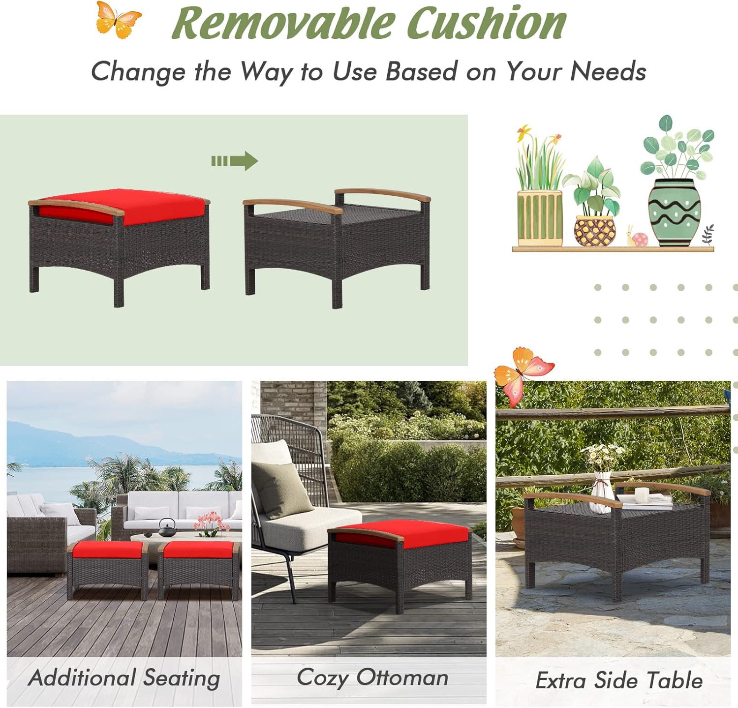 HAPPYGRILL Set of 2 Outdoor Patio Ottoman PE Rattan Wicker Ottomans with Removable Cushions and Solid Acacia Wood Handle Outdoor Footstool Footrest Set Seats and Side Table Set