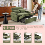 VINGLI Green Futon Sofa Bed Convertible Loveseat Sleeper Sofa Couch, Corduroy Pullout Sofa Fold Out Couch Bed with USB Ports, Cup Holders, Armrest for Living Room, Bedroom Apartment Room