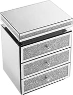 SSLine 3-Drawer Mirrored End Table,Mirrored Nightstand End Tables Bedside Table,Silver Finished Mirror Accent Side Table for Bedroom, Living Room, Entryway,Hallway