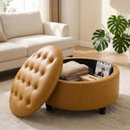 30-Inch Round Storage Ottoman, Leather Ottoman (Bright Orange) | Button Tufted Ottoman with Storage, Ottoman Coffee Table with Removable Top for Living Room, Bedroom, Office