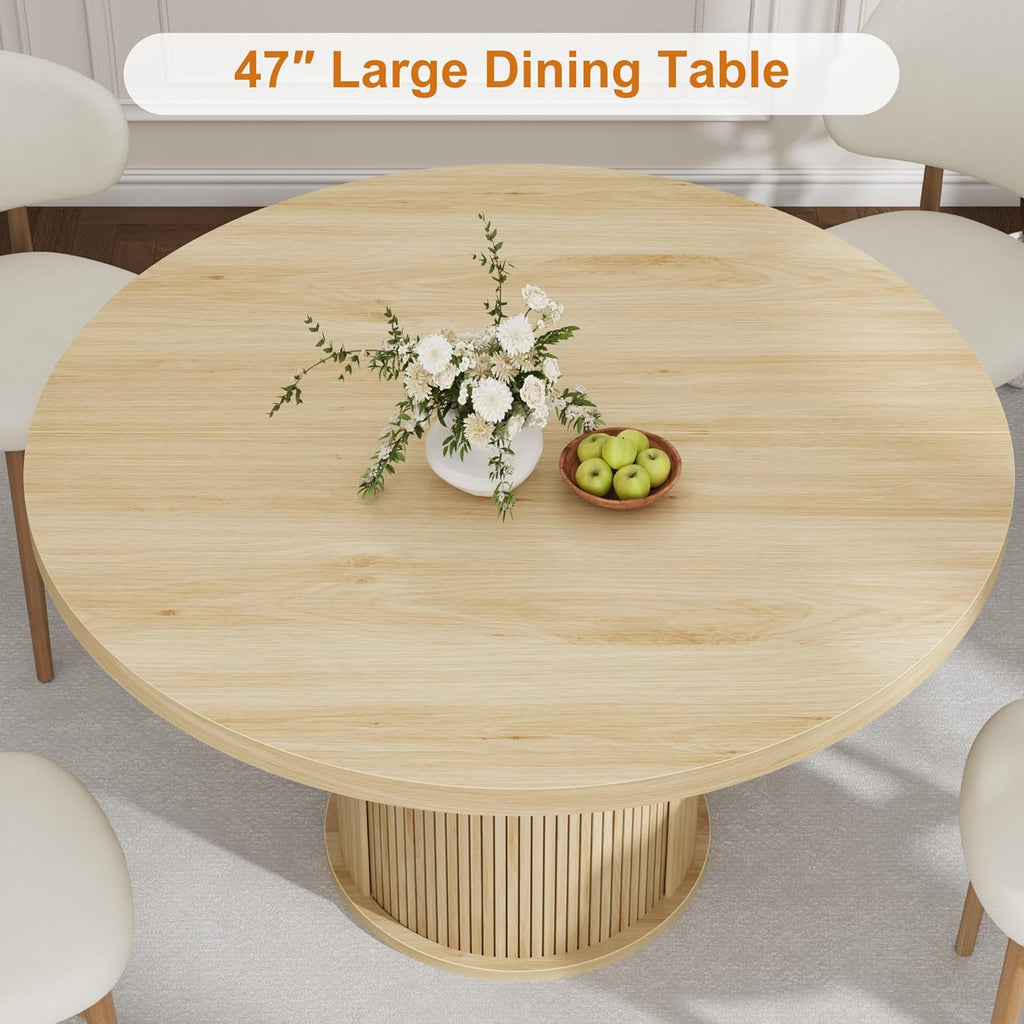 IDEALHOUSE 47" Round Dining Table for 4-6, Modern Farmhouse Kitchen Table with 2-Layer Storage Shelf & Drawer, Wooden Circle Dining Tables with Fluted Pedestal Base, Natural