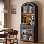 Arched Kitchen Pantry Storage Cabinet, Black Wooden Coffee Bar Cabinet with Drawers, Kitchen Hutch Dining Room Storage Cabinet with Charging Station and LED Light, Kitchen Hutch with Countertop