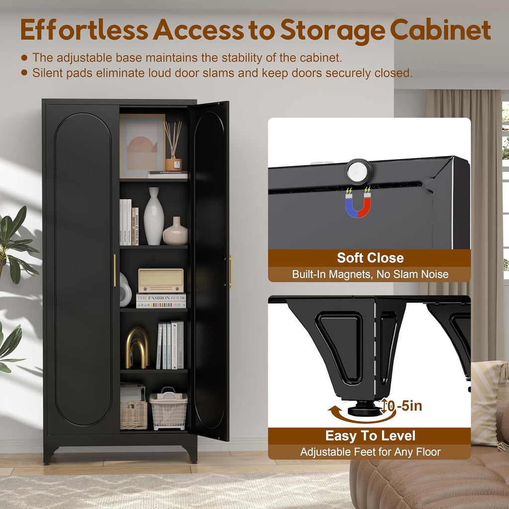 UNICOLY 75" Tall Pantry Storage Cabinet with Doors and 4 Adjustable Shelves, Freestanding Cupboard for Kitchen, Dining Room, Living Room, Bathroom, Black