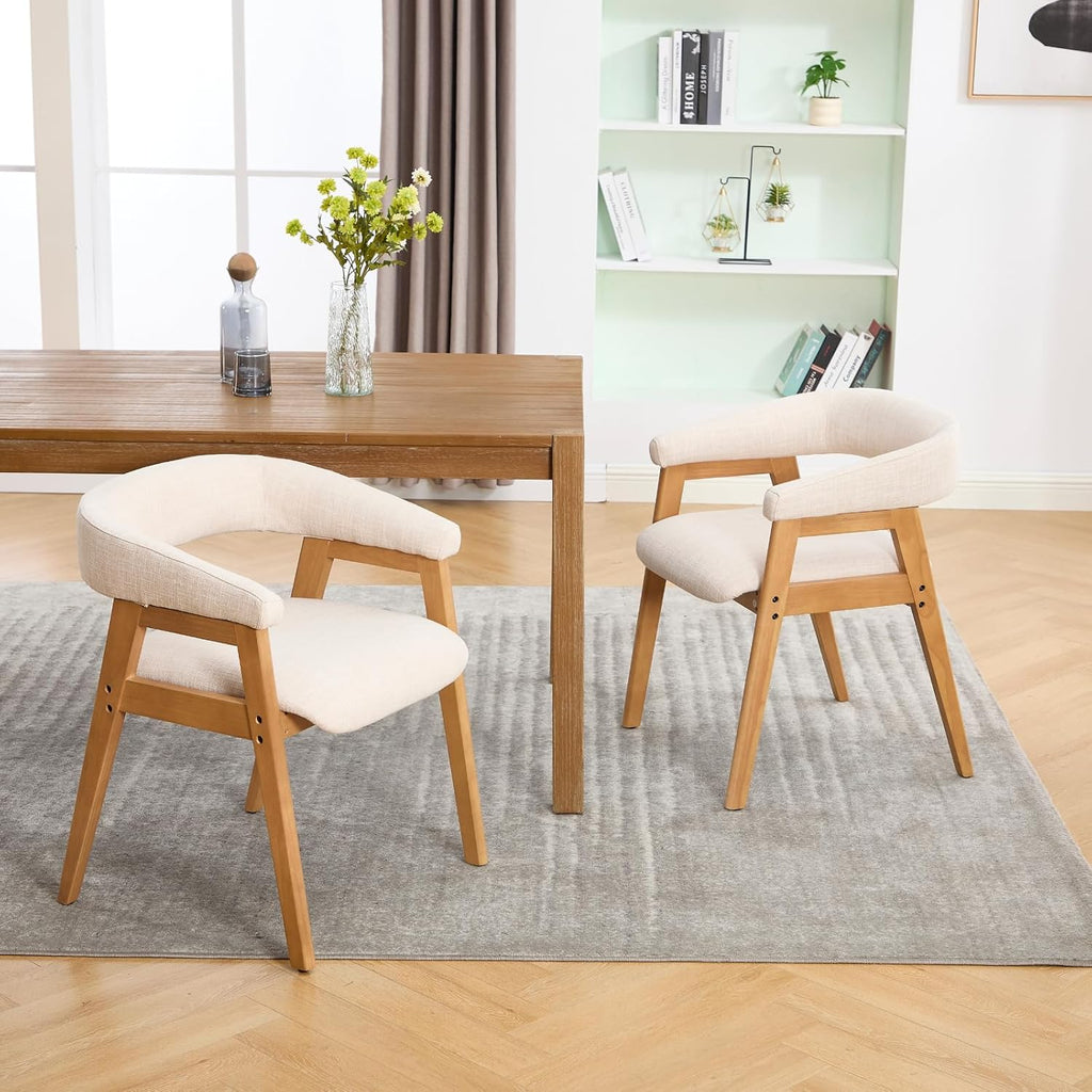 RIVOVA Modern Round Dining Chairs with Open Curved Back Set of 2, Linen Fabric Upholstered Kitchen & Dining Room Chairs, Farmhouse Wooden Barrel Kitchen Side Chairs with Arm, Beige, Natural