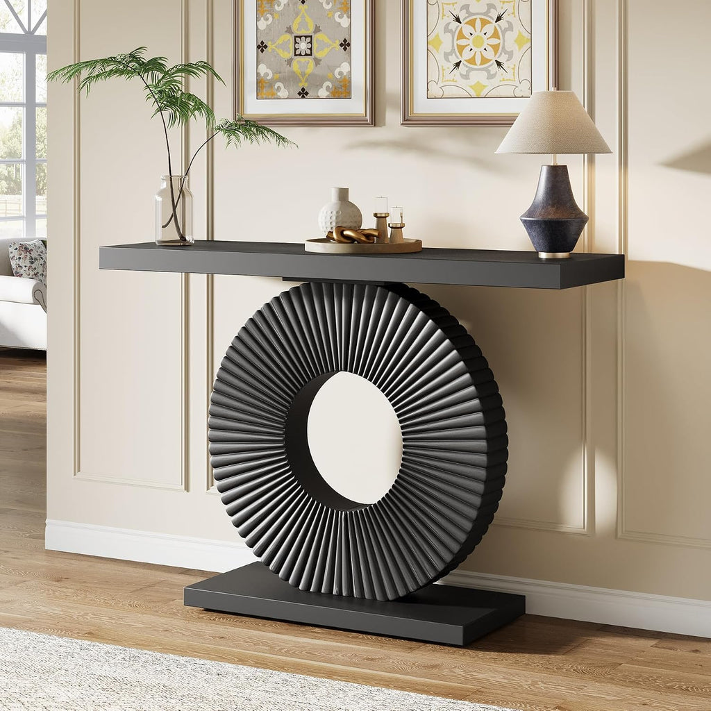 Tribesigns Modern Entryway Console Table, 39 inch Wooden Narrow Sofa Table Behind Couch with Geometric Base, Small Entry Accent Table for Living Room, Mudroom, Hallway, Black