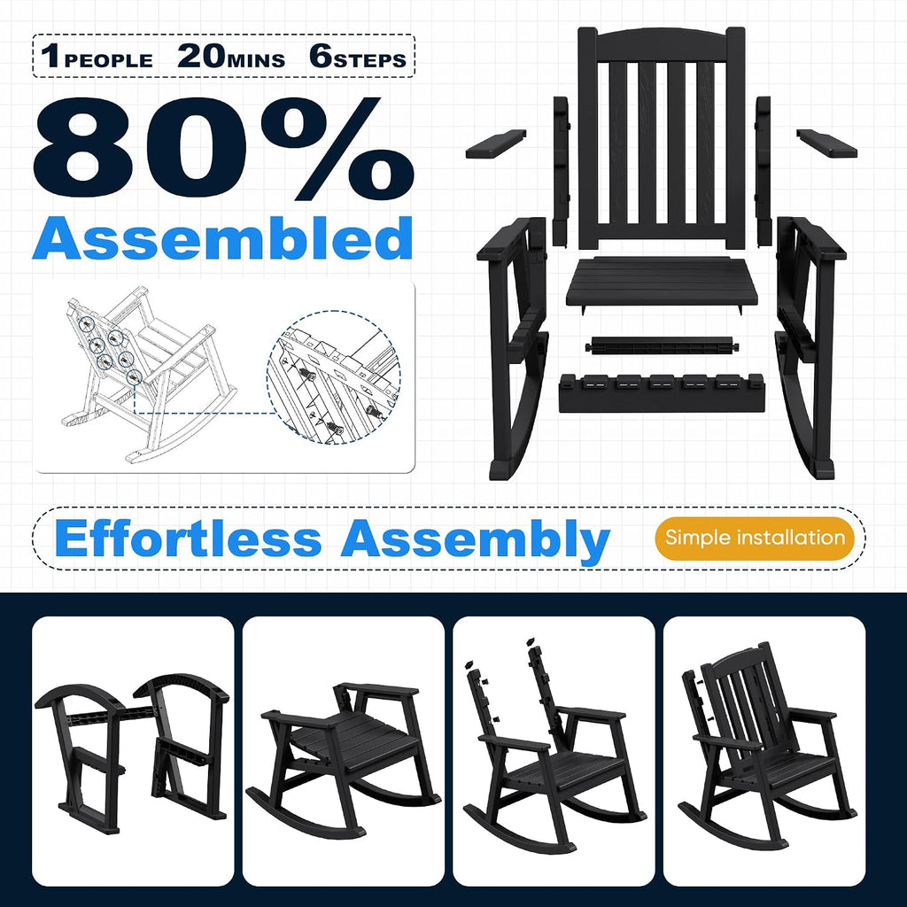 Devoko PP Material Rocking Chair Outdoor Indoor All Weather High Back Patio Rocker for Adult Heavy Duty Rocking Chair for Patio Backyard Porch Garden (Heavy Duty, Black)