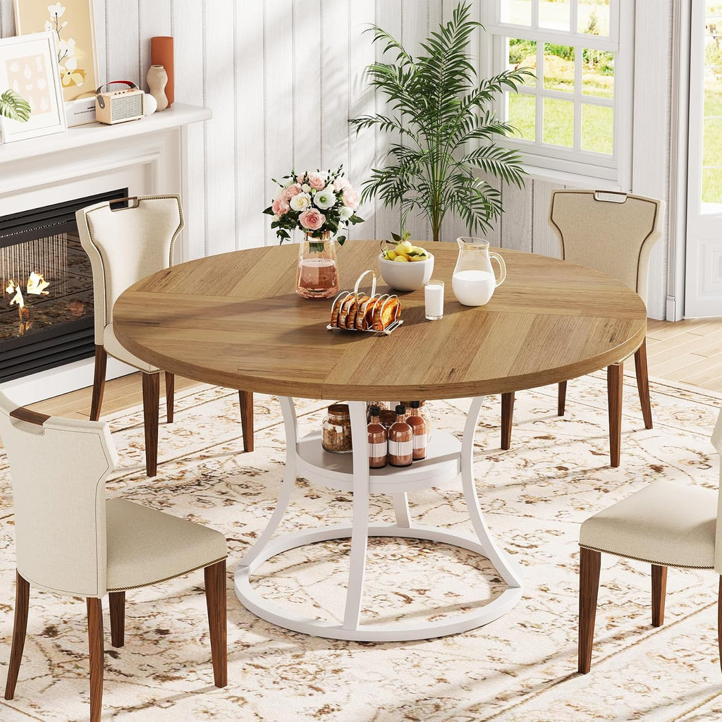 47'' Round Dining Table for 4-6, Farmhouse Dining Room Table with Storage Shelf, Space-Saving Kitchen Table Color-Block Design with Metal Base for Kitchen & Dining Room (Light Brown & White)