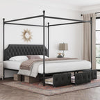 Keyluv King Upholstered Canopy Bed Frame with 3 Storage Drawers & Button Tufted Headboard, Metal Platform Bed with 4 Removable Posts, Two-Purpose Velvet Bed, Dark Grey/Curtain Not Included