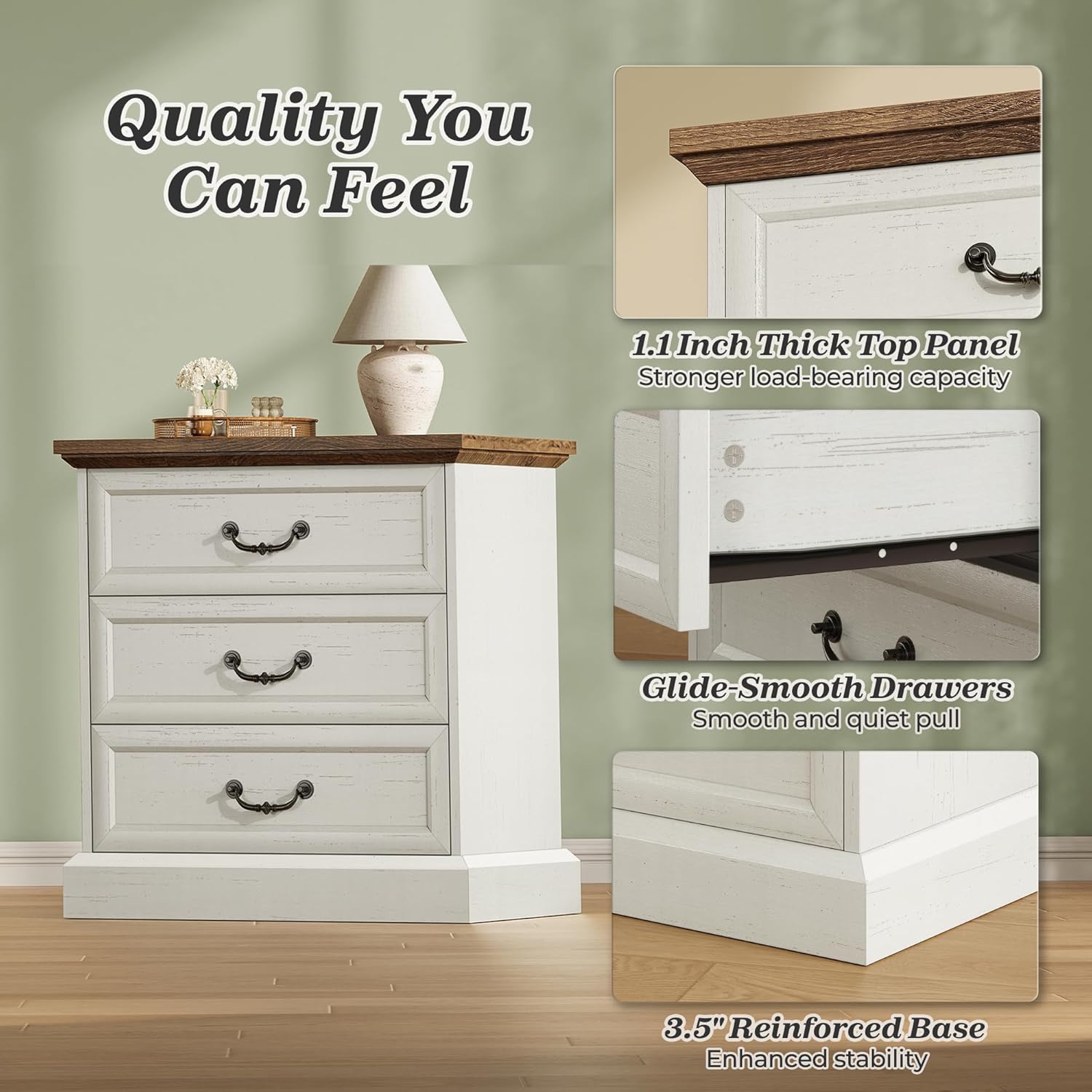 Huuger Nightstand with Charging Station, 3 Drawer Night Stand Set of 2, 22 Inch Wider Side Table with Storage, Farmhouse Nightstand with Vintage Handles, Thicken Base, for Bedroom, Distressed White