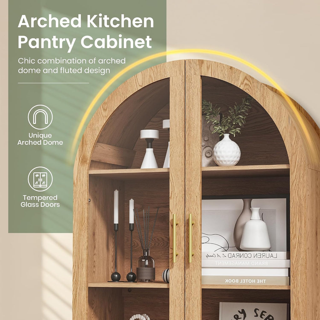 Fkhouse 71" Tall Arched Pantry Cabinet, Kitchen Pantry with Glass Doors & Fluted Doors, Wood Storage Cabinet with Adjustable Shelf, Versatile Cupboard for Kitchen, Living Room, Natural