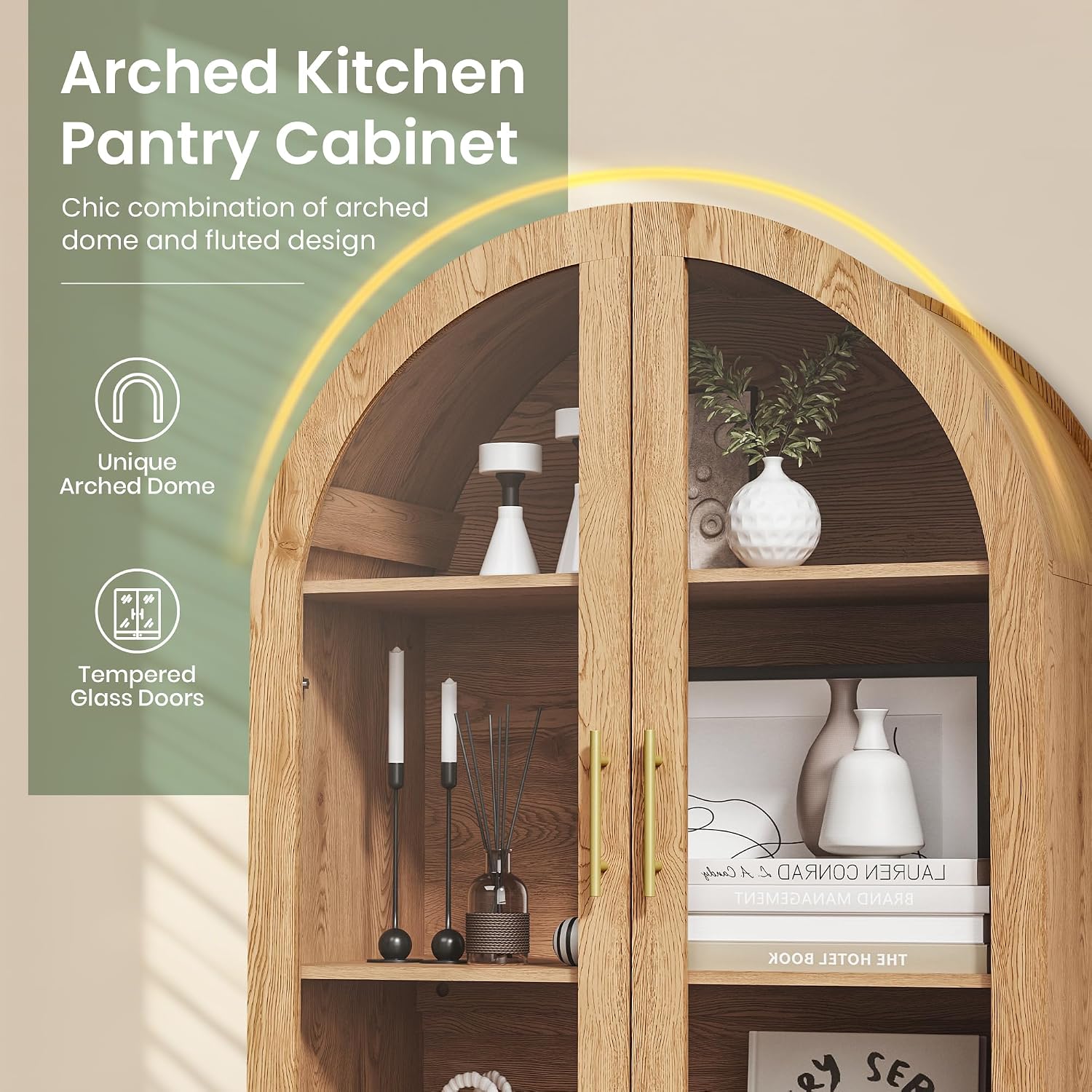 Fkhouse 71" Tall Arched Pantry Cabinet, Kitchen Pantry with Glass Doors & Fluted Doors, Wood Storage Cabinet with Adjustable Shelf, Versatile Cupboard for Kitchen, Living Room, Natural