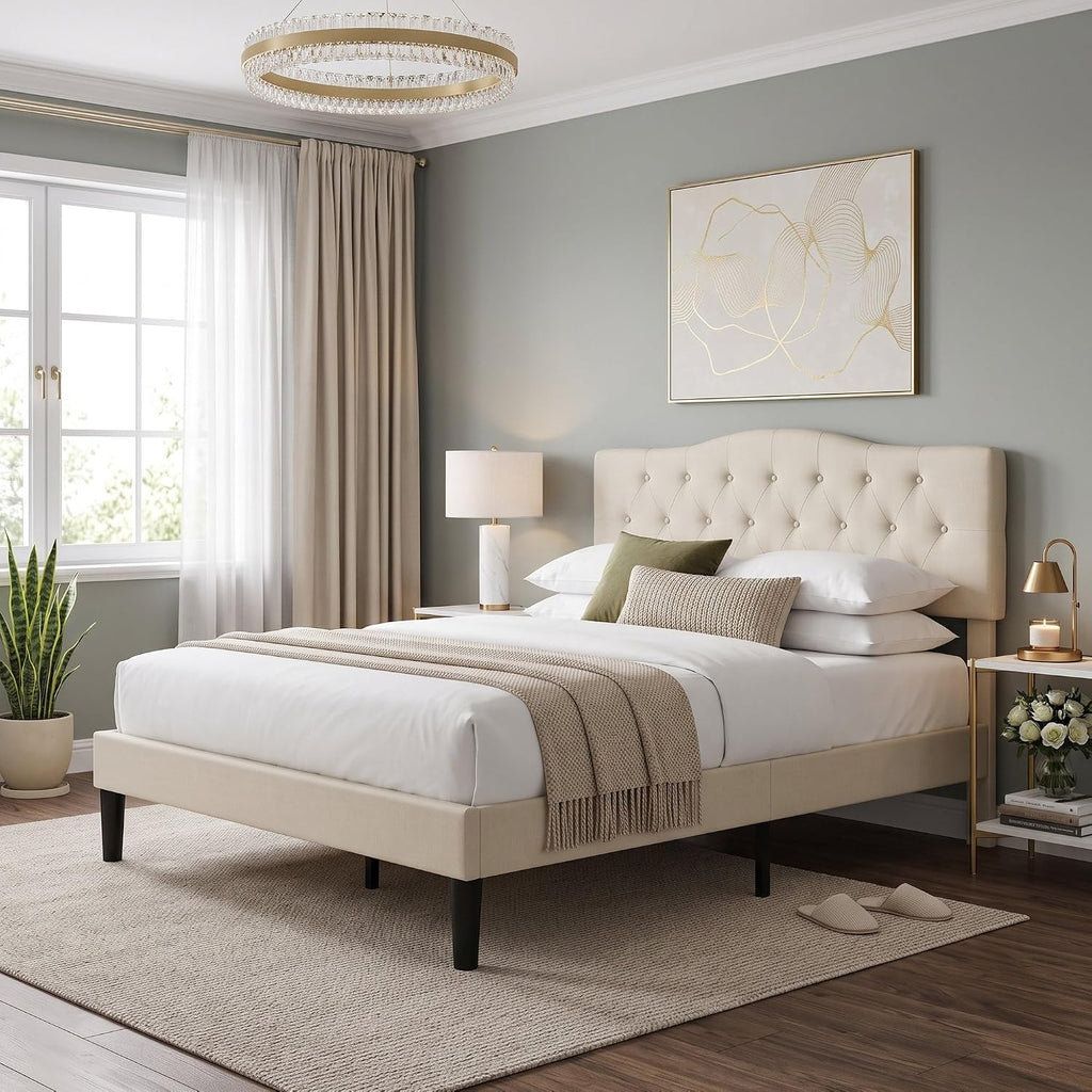VECELO Queen Size Platform Bed Frame with Fabric Upholstered Headboard and Wooden Slats Support, No Box Spring Needed/Easy Assembly,Beige