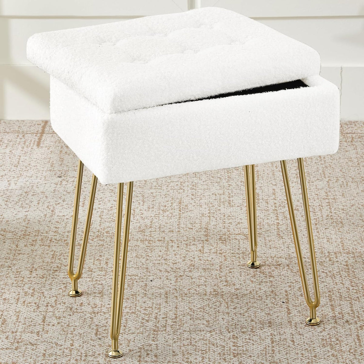 BRIAN & DANY Vanity Stool, Sherpa Vanity Stool Chair with Storage, Rectangle Makeup Chair Soft Padded Seat with Legs for Bedroom (White)