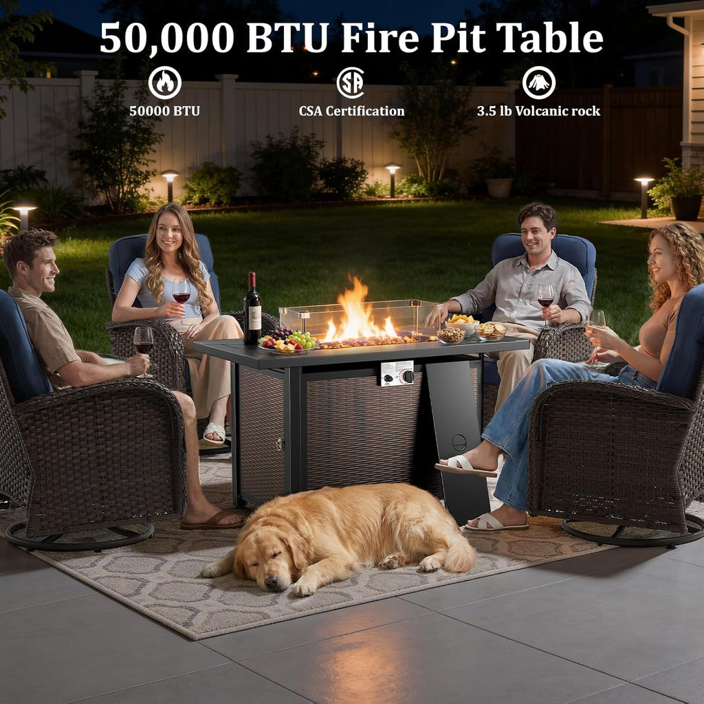 Luxury Swivel Rocker Chairs Fire Pit Table Set with 6" Thick Cushion 4 piece Wicker Outdoor Patio Chair with Sofa,Comfortable High Back Outdoor Patio Furniture Set - Brown | Gery