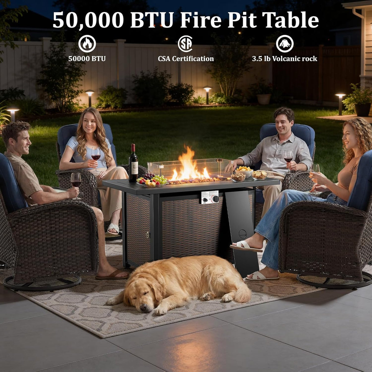 Luxury Swivel Rocker Chairs Fire Pit Table Set with 6" Thick Cushion 4 piece Wicker Outdoor Patio Chair with Sofa,Comfortable High Back Outdoor Patio Furniture Set - Brown | Gery