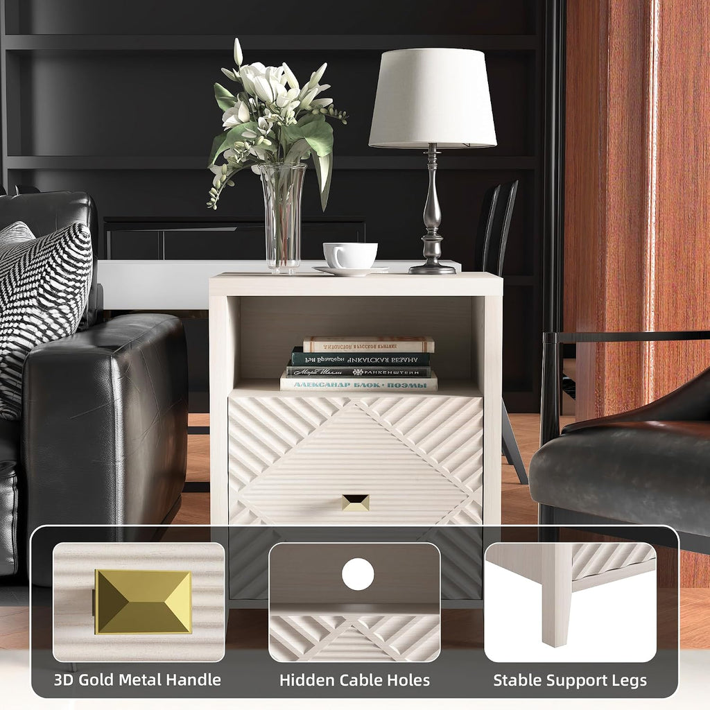 3imothrix End Table Set of 2 with Charging Station, Modern Nightstand with Door and Open Shelf, Fluted Design, Bedside Table for Bedroom, Living Room, Light Brown