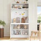Tall Pantry Cabinet with Power Outlet, Multifunctional Cupboard with Adjustable Shelf, Hutch and Foldable Workstation for Dining Room, Living Room (White)